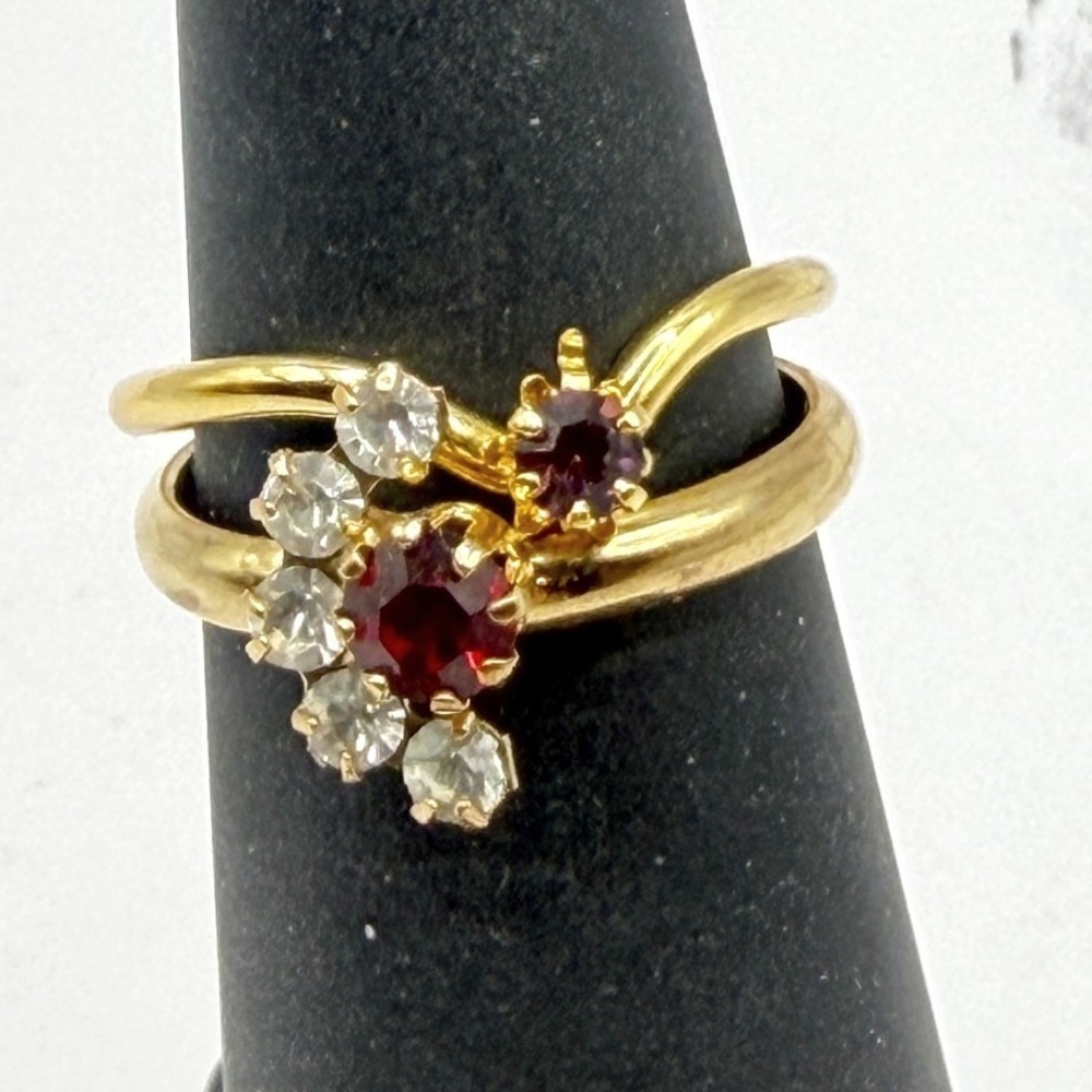 New Ring Set 2 Stackable Floral Crystal Red Purple‎ Size 6 Adjustable Gold Tone
